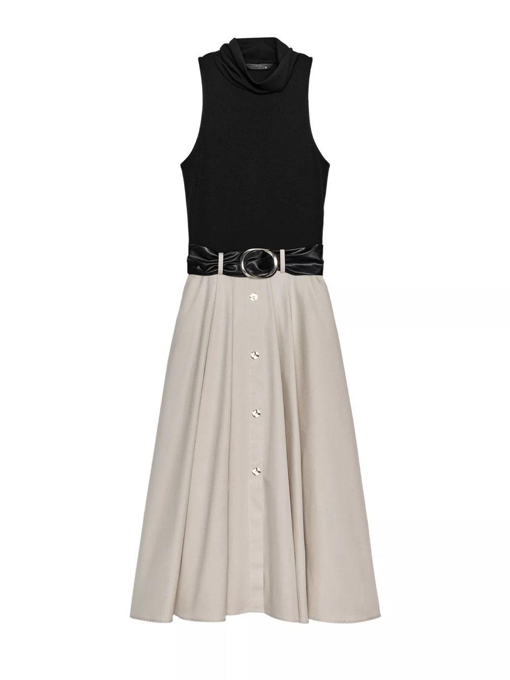 Zara Black Top with Beige Maxi Skirt and Black Waist Tie